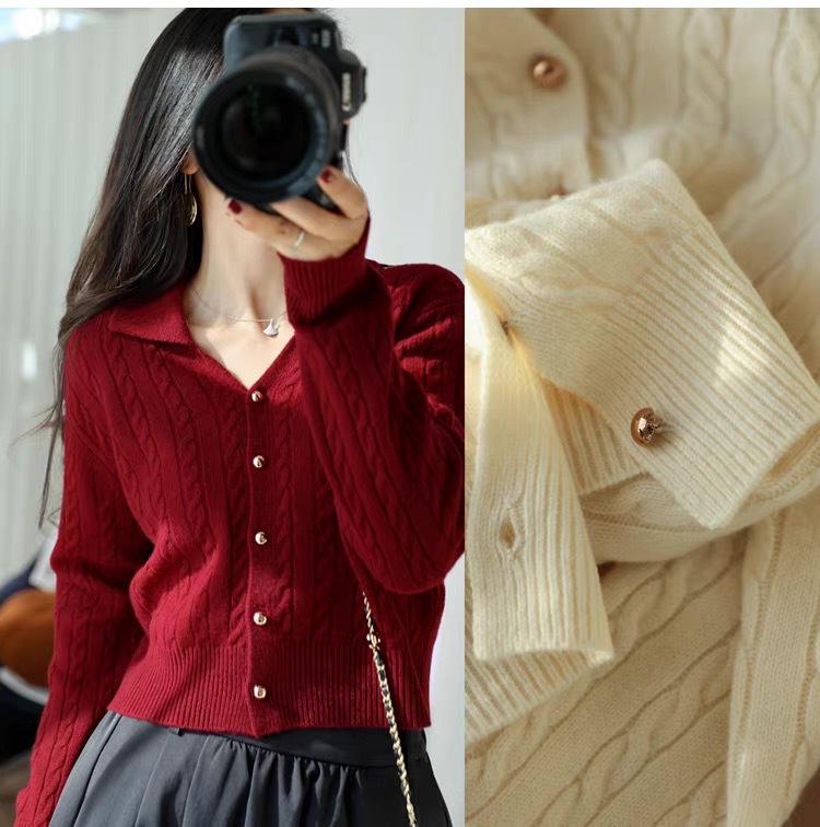 Women's 100% Pure Wool Cable Knit Cardigan - Fashionable Short Lapel Sweater for Autumn & Winter
