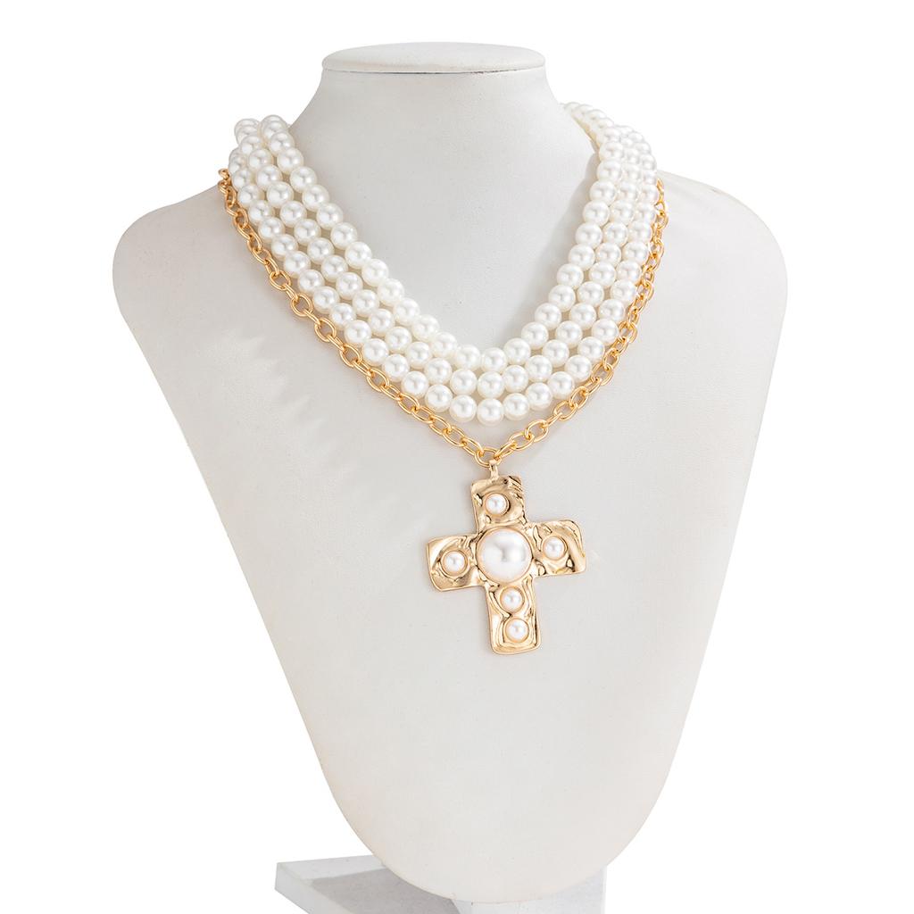 Vintage Multilayer Imitation Pearl Cross Pendant Choker Necklaces for Women  New Fashion Neck Jewelry Party Wedding