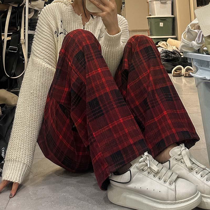 Women's Elegant Plaid Wide Leg Pant Vintage Chic High Waist Pants High Street Trendy Cool Trousers