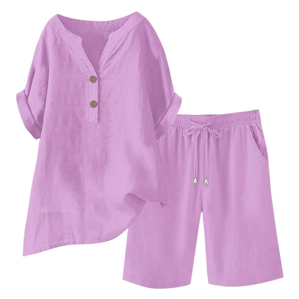 Bomull Linne 2-delade outfits för kvinnor Kortärmad V-ringad topp Vida ben Shorts Set Sommar Vardaglig Lös Lounge Set