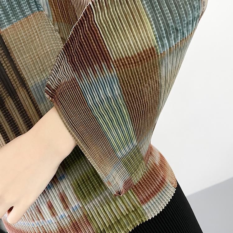 Miyake Pleats Akordeonový Top - Retro Color Block 7-rukávový Ležérní Krycí
