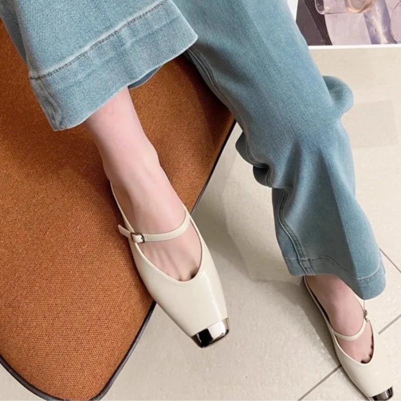 Metal Square-toe Low-heeled Slippers Autumn New Shallow-mouthed One-line Belt Soft-soled Non-slip Wrapped Shoes