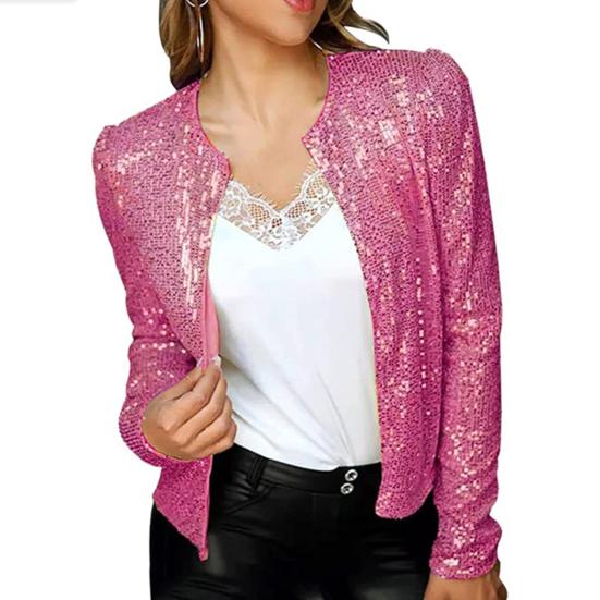 Jaqueta feminina manga comprida streetwear pele-toque brilhante glitter cardigan jaqueta outwear para escritório