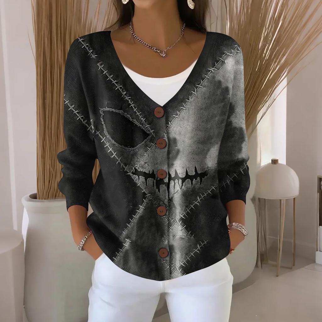 Women's Fashion Casual Knit Sweater Button-Up Halloween Printed  Cardigan Jacket