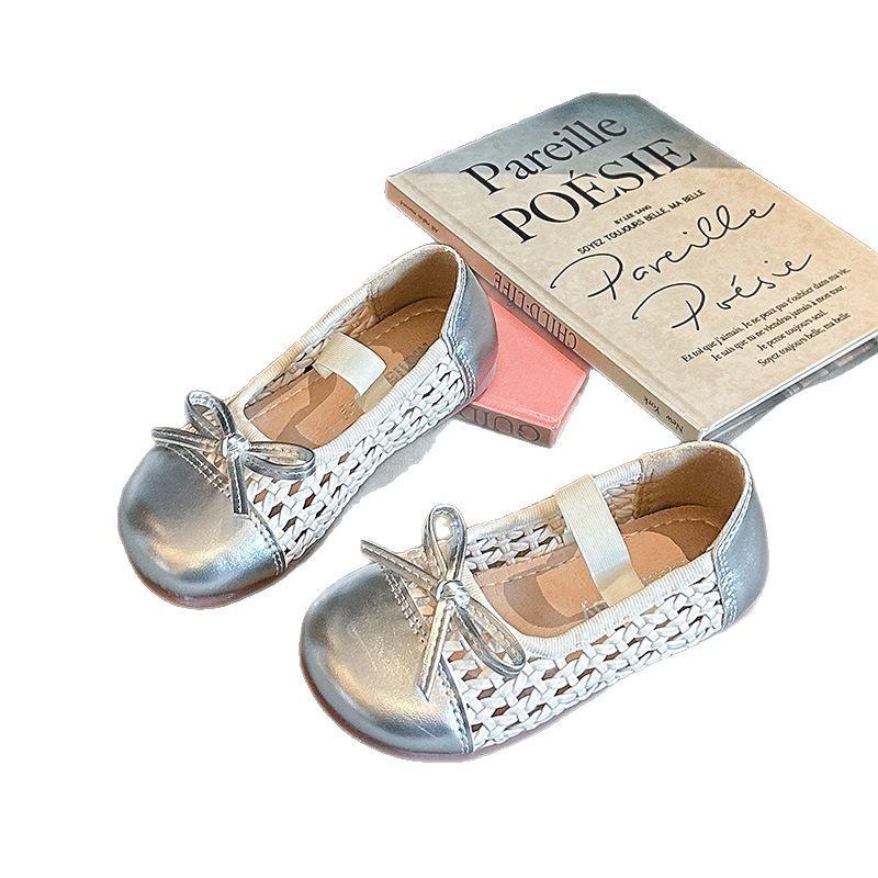 Summer New Breathable Versatile Bow Girls Hollow Comfortable Soft-soled Leather Shoes