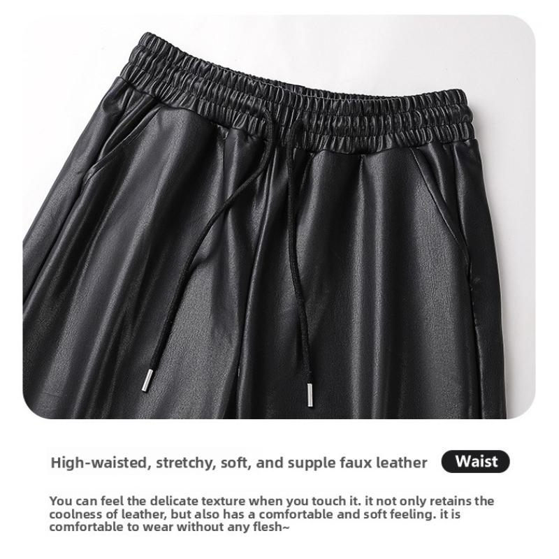 Black Leather Pants for Women, Spring and Autumn New Style, High-End Matte Fleece-Lined PU Leather, High-Waisted, Windproof, Draped Wide-Leg Pants