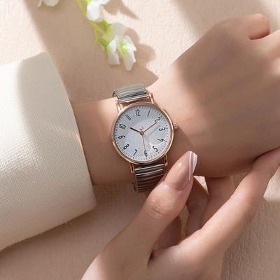 Women Quartz Watch Round Dial Elastic Band Simple Style Alloy Time-checking High Accuracy Student Daily Wristwatch Dating Timepiece