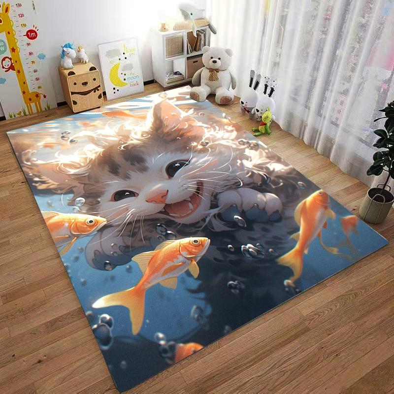 Cute Cat and Goldfish Playful Scene Printed Carpet for Home Decor Suitable for use as an anti-slip for living room bedroom sofas