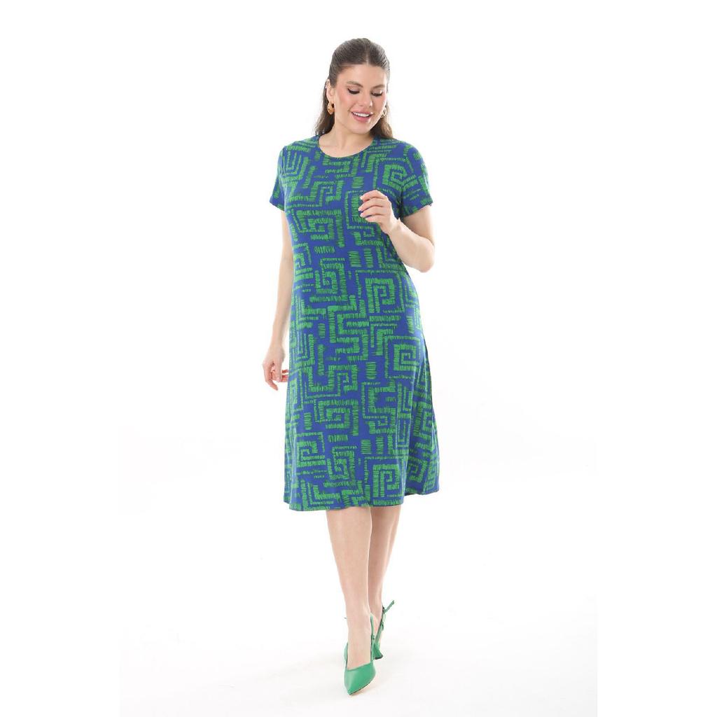 Women's Blue Green Maze Pattern Midi Dress