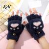 Practical Gift for Winter Furry Cat Paw Thermal Gloves, Flip Top Mitten with Button Women, Half Finger Writing Gloves Students Plush Cute Bear