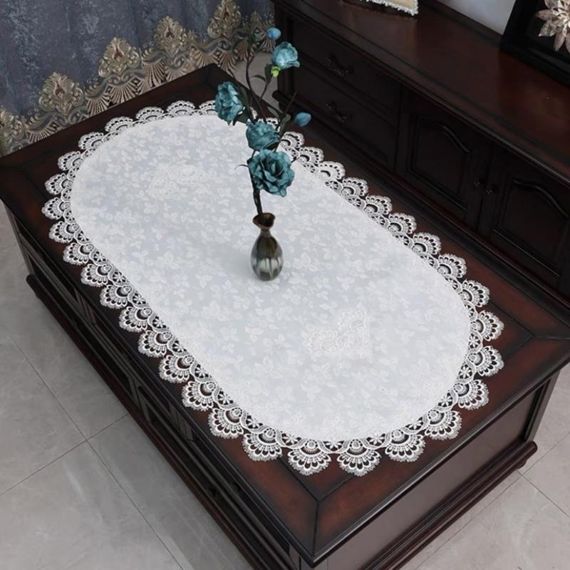 Stylish Coffee Table Cover Polyester Fabric Decorative Tablecloth Embroidery Flower Lace Doily For Dining Office Use
