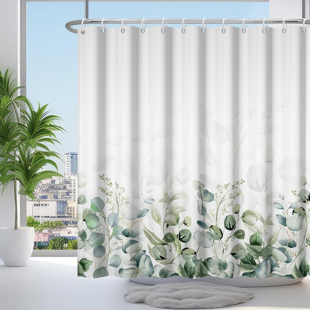 72x72 Inch Watercolor Eucalyptus Shower Curtain Green Leaves Sage Botanical Nature Scenery Decor with Hooks