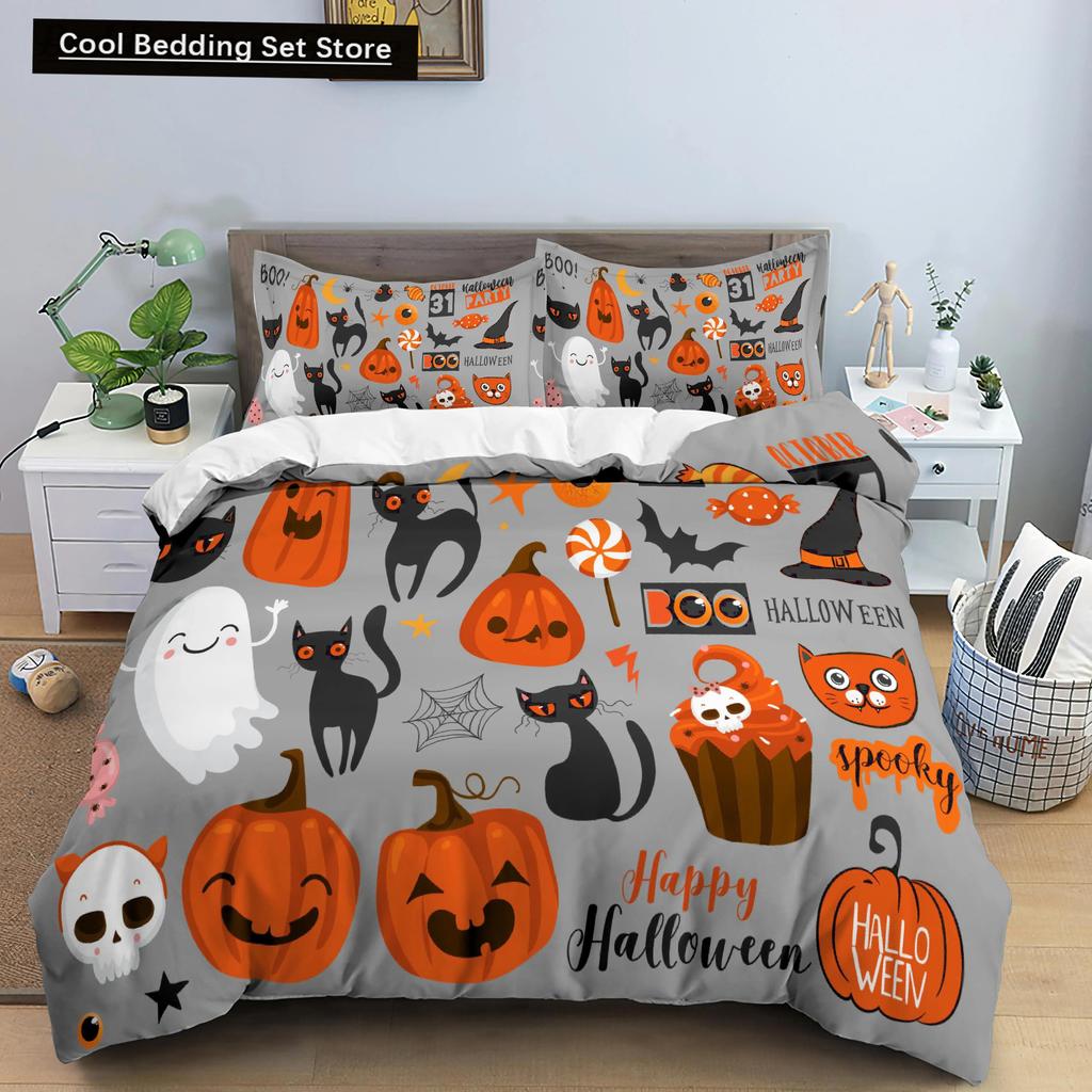 Happy Halloween King Queen Duvet Cover Orange Pumpkin Bedding Set Kids Teens Adults Bats Horror Festival Polyester Quilt Cover