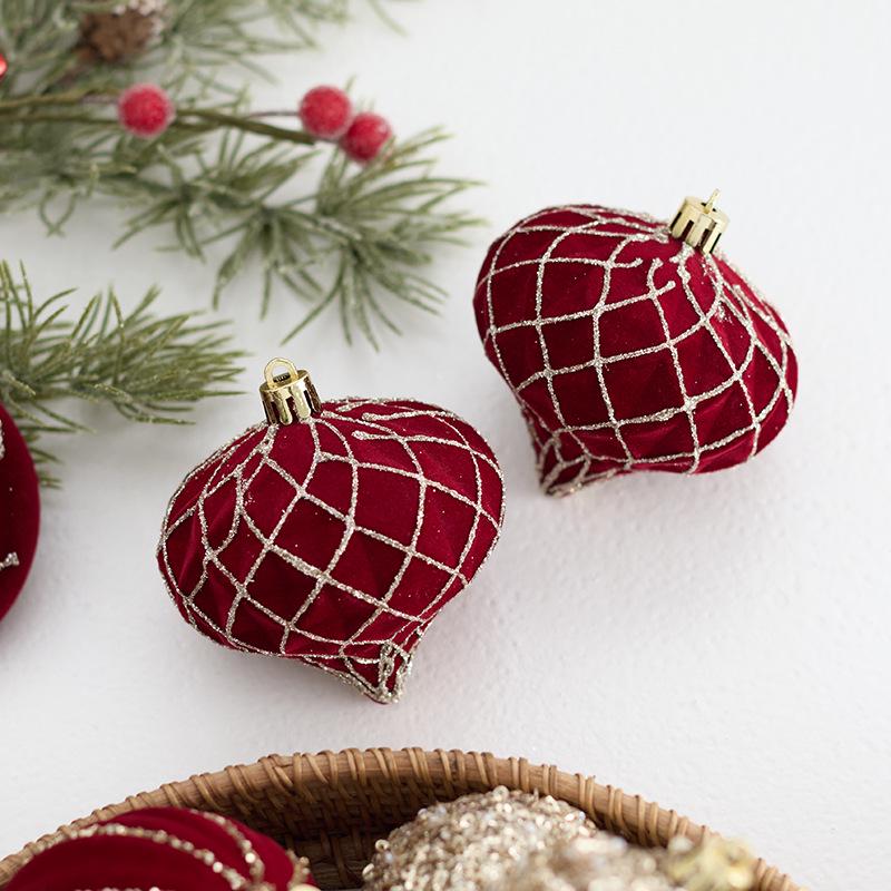 New Dark Wine Red Flocked Christmas Tree Ornament Balls - Irregular Shaped and Painted Pendants