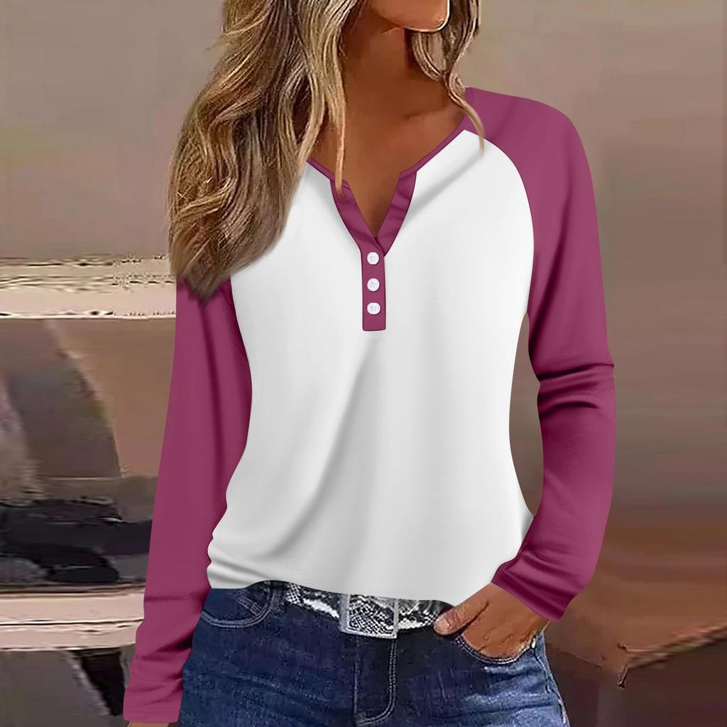 Women's T Shirt Color Block Button Long Sleeve Daily Weekend Fashion Basic V- Neck Regular Top