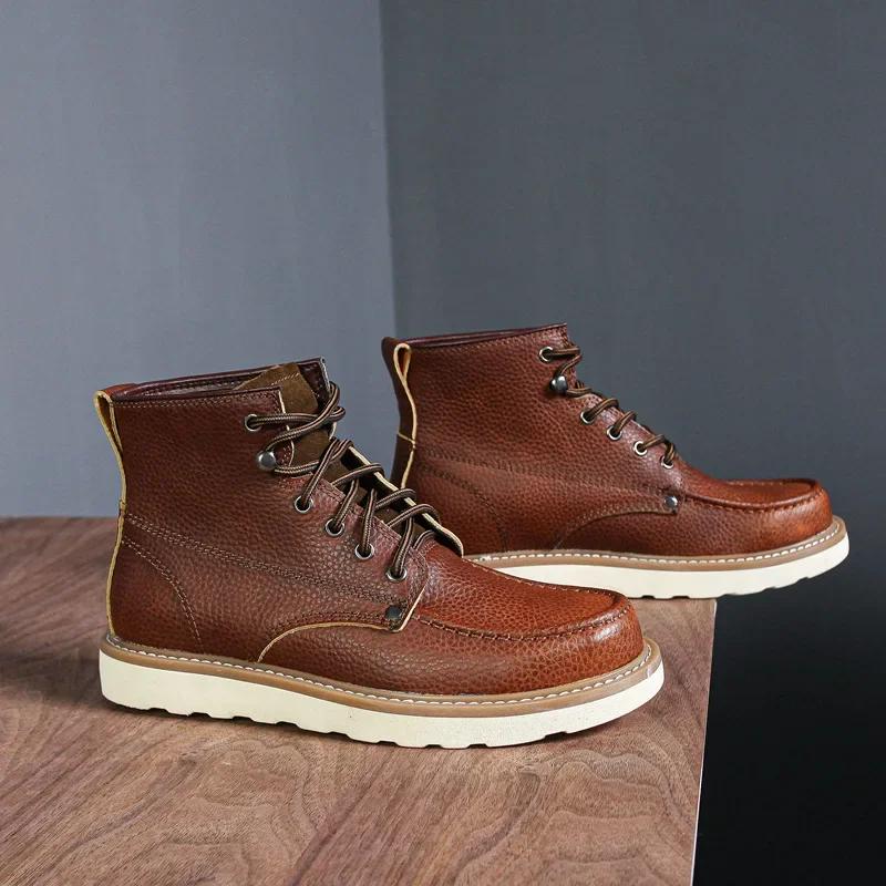 2024 New Winter Boot Cowhide 2024 Lace up Leather Autumn Shoes Men 2024 Retro British Outdoor Round Head Flat heel Work Boots