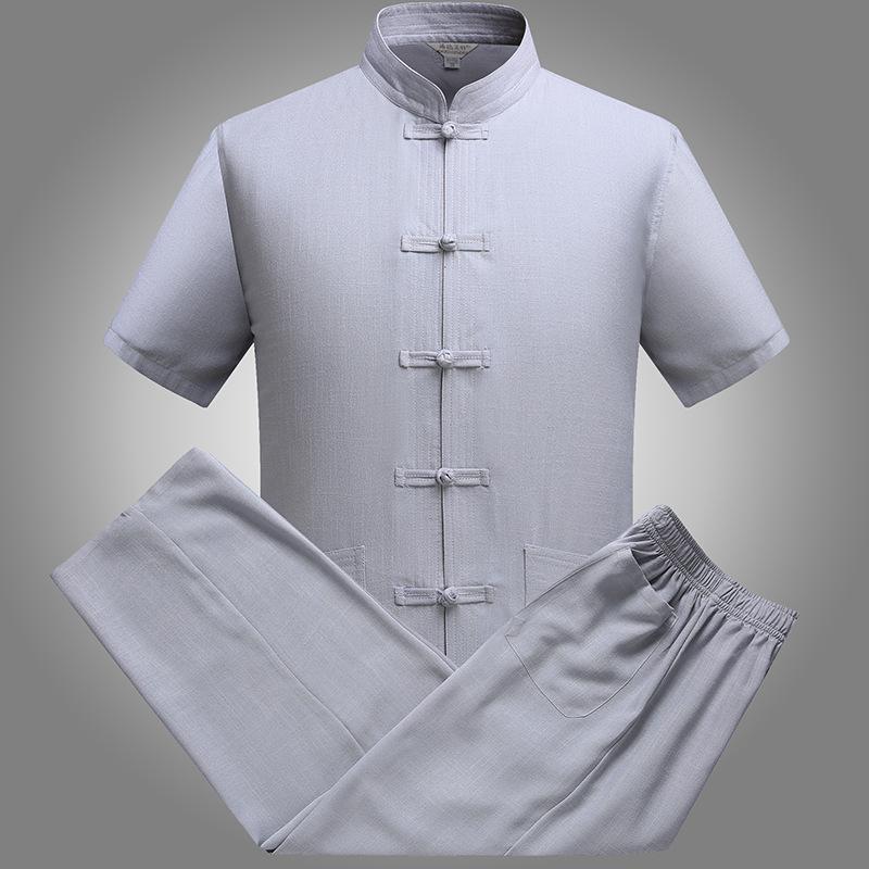 Men s Summer Linen Tang Suit: Short-Sleeve Hanfu Set for Middle-Aged & Elderly XL серый