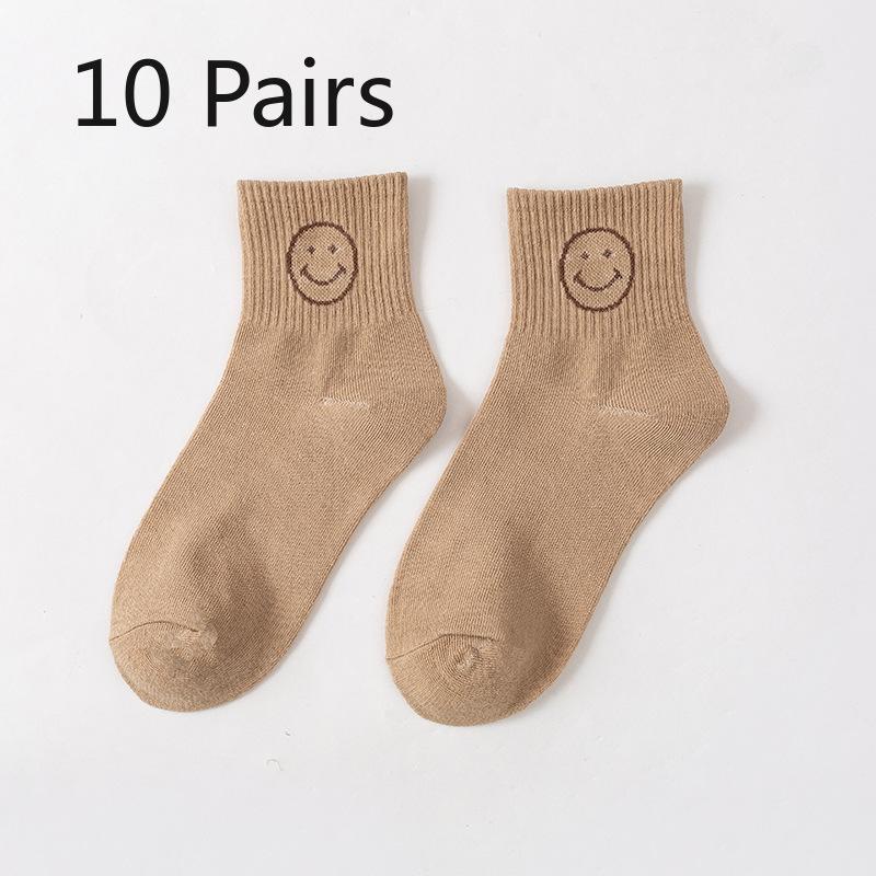 

10 пар женских осенних повседневных милых носков-трубок кофейного цвета с улыбающимся лицом, дышащих и впитывающих пот 10 Pairs темный кофе
