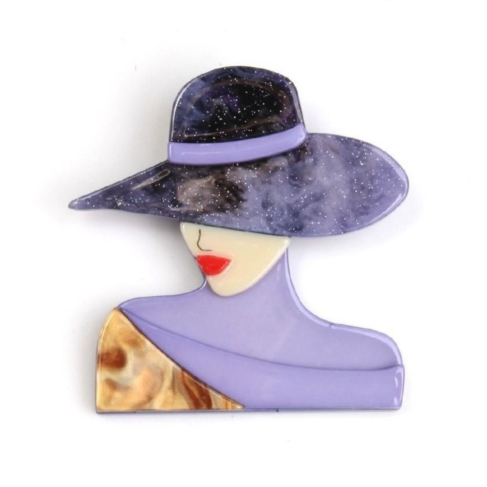 Acrylic Lady with Hat Brooch Cartoon Modern Girls Badge Women Portrait Pin  Clothing Accessories