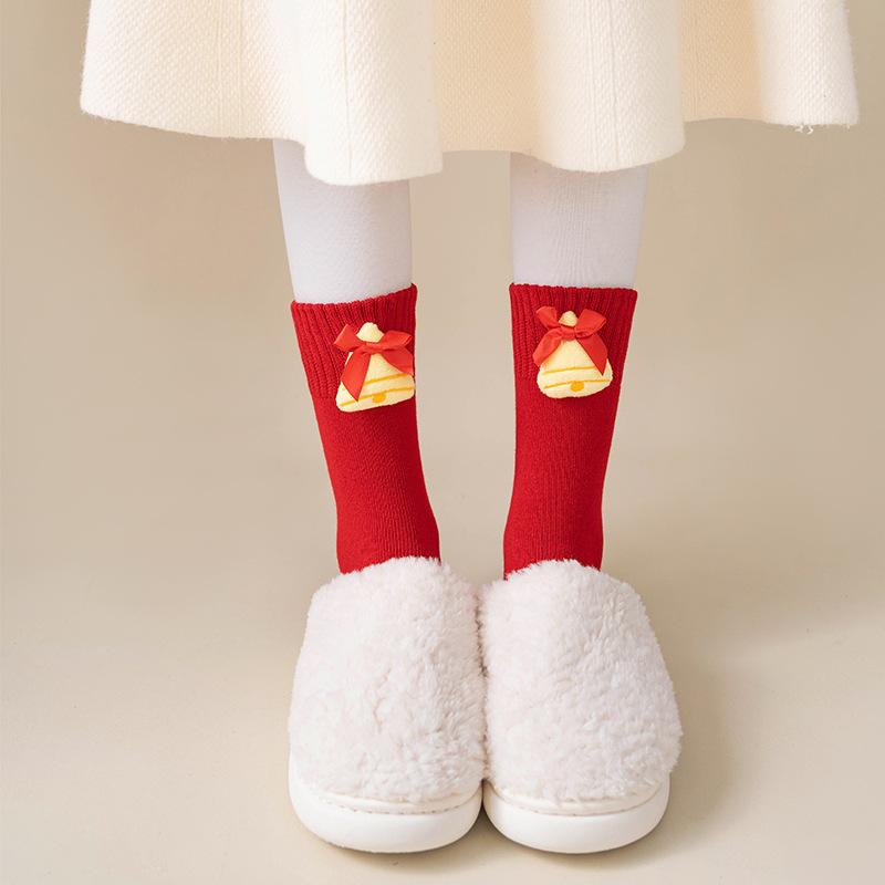 Female Autumn and Winter Hair Circle Christmas Three Dimensional Cartoon Cute Accessories This Year Red Tube Cotton Socks