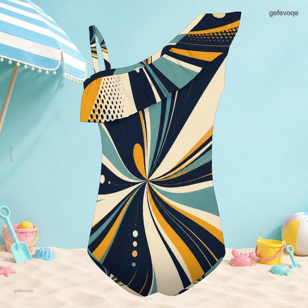 Girls One Shoulder Ruffle One Piece Printed Swimsuit Black Gray White