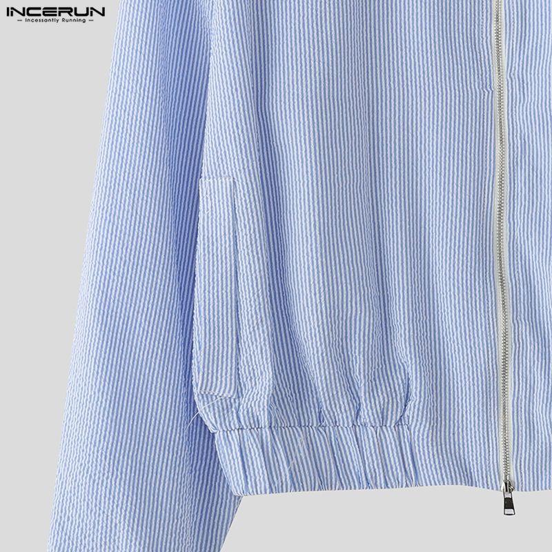 INCERUN Men Lapel Long Sleeve Zipper Up Striped Cropped Jackets Short Coats