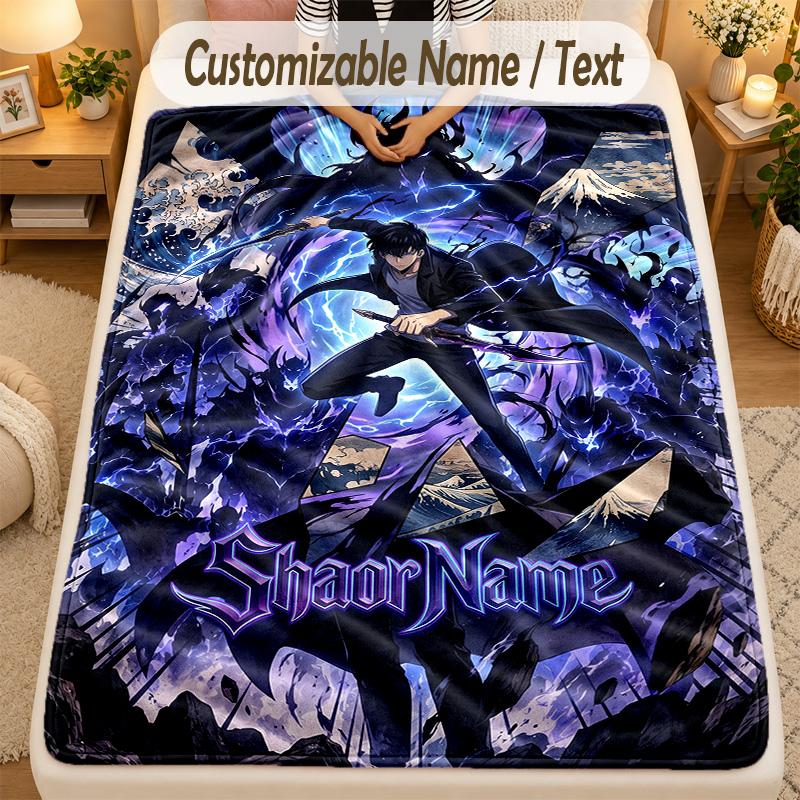 Flannel BlanketSolo Leveling Custom Name Text Personalized Soft Warm Throw Blanket Home Decor Gift