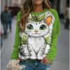 Roztomilý kočičí dámský dlouhý rukáv, podzimní a zimní kulatý výstřih, bavlněné oblečení, kawaii zvířecí tištěné topy 2024, nový módní svetr