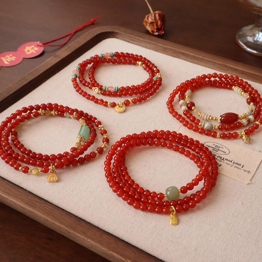 Natural Agate Bracelet Three-Circle Beaded Jewelry Fashion Women Daily Jewelry Lucky Gift
