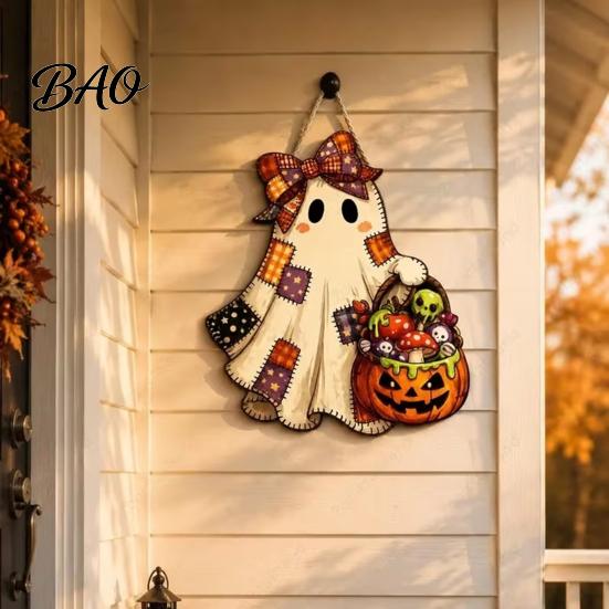 Halloween Theme Pendant Cute Bow Ghost Door Sign, Wooden Patchwork Hanging Plaque with Pumpkin Candy Basket, Party Background Decor Retro Wall Lanyard