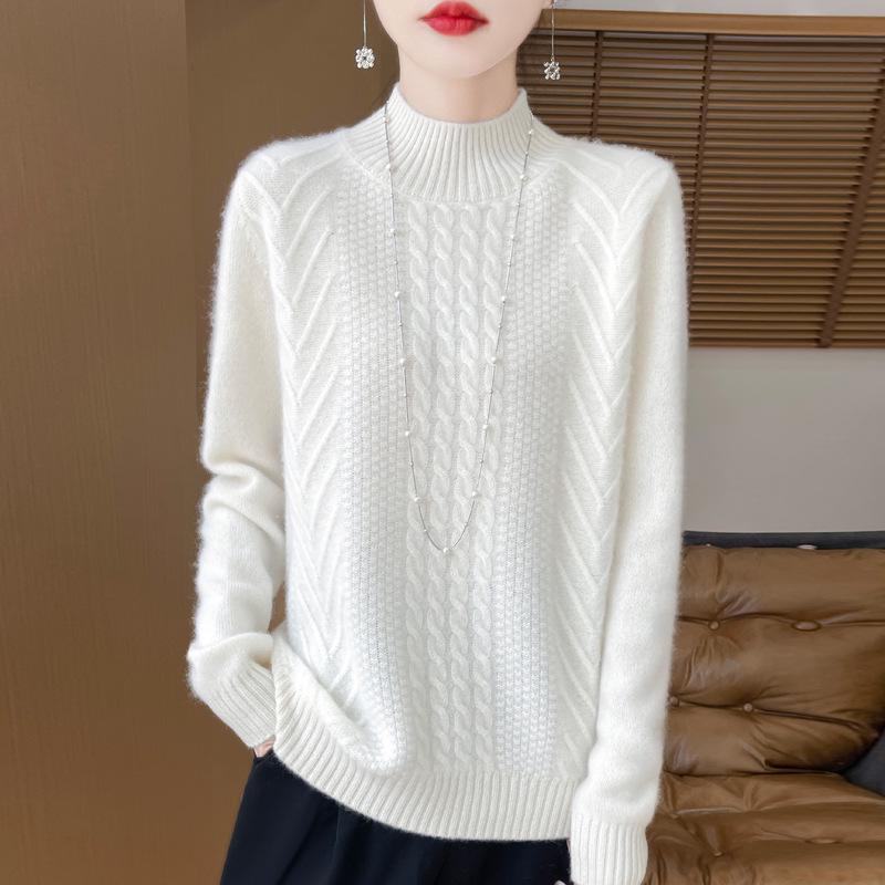 Women's Age-Reducing Loose Pure Wool Sweater, Half-High Collar, Thickened Knit Top for Autumn/Winter.