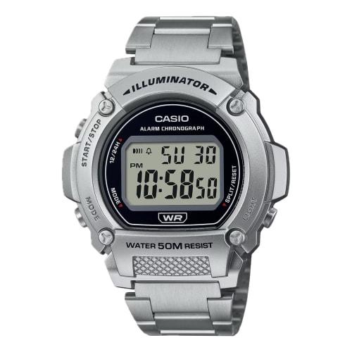 

Casio W219HD Series | Men s Digital Watch | Silver/Silver | 50M WR | LED Illuminator | 100-Second Chronograph | 1/100-Second Stopwatch | Daily Alarm |