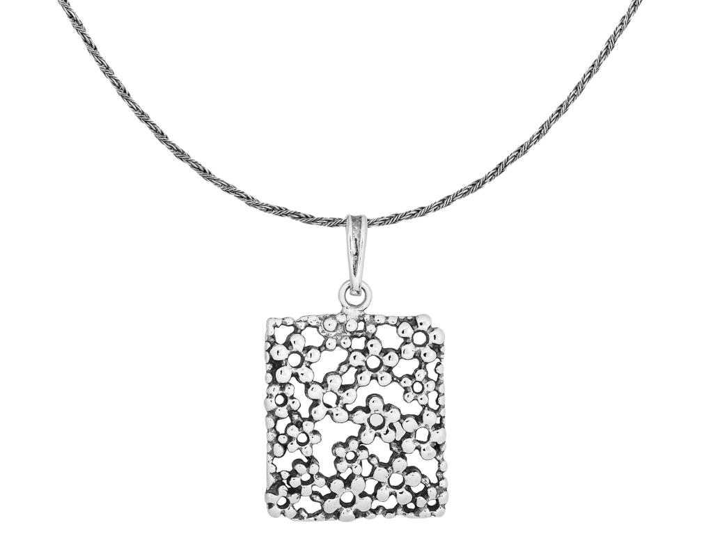 Short Silver Oxidized Openwork Women's Necklace Flowers Flower Choker 32Cm
