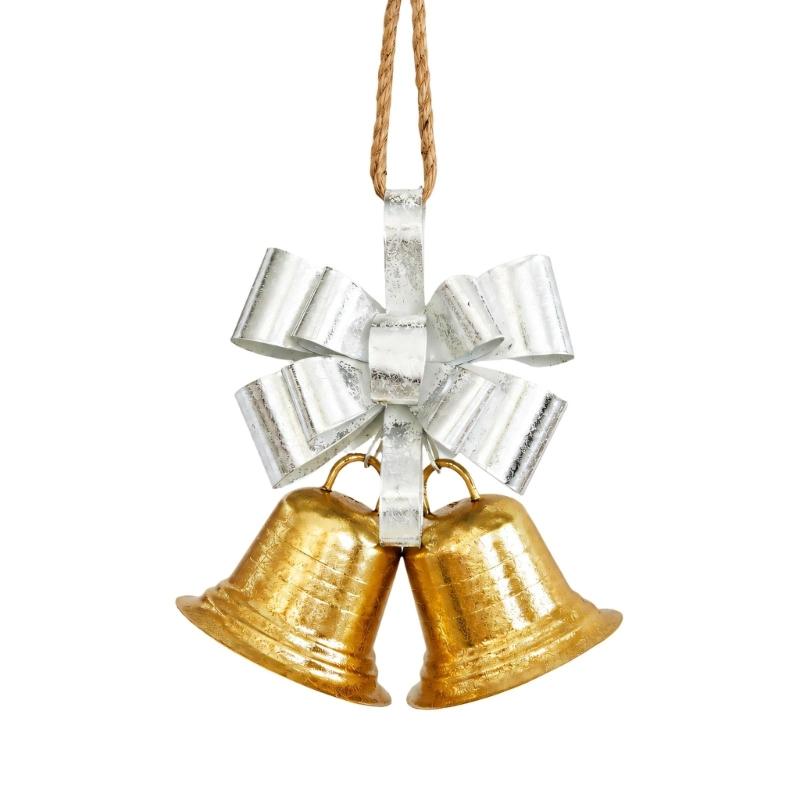 Three-Dimensional Metal Christmas Bowknot Decoration with 2 Iron Bells and Top Hanging Loop for Storefronts and Hotel Lobbies