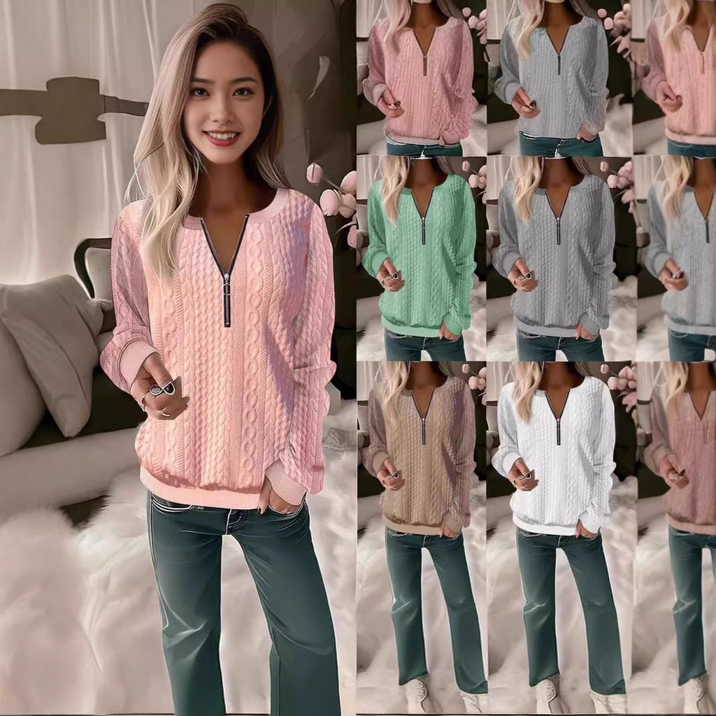 Women's Round Neck Blouse Quarter Zip Textured Knit Long Sleeve Pullover Sweatshrit