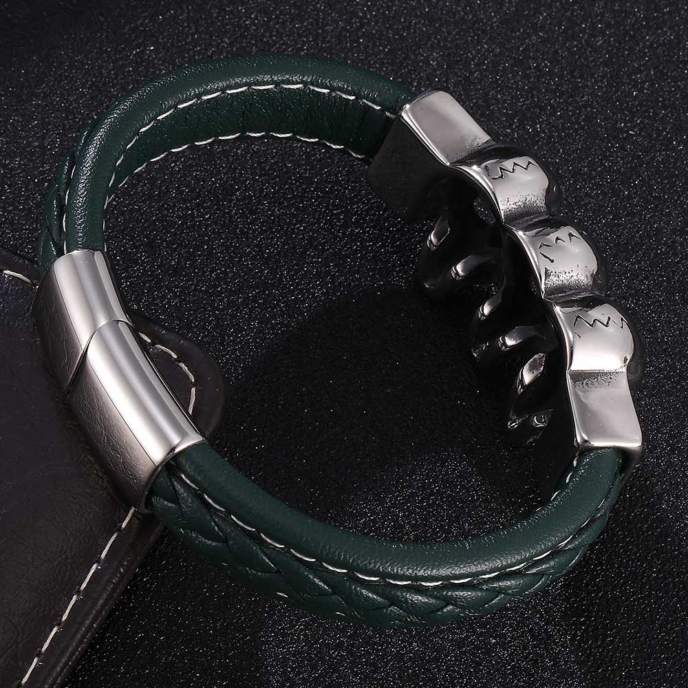 Fashion Charm Skull Stainless Steel Leather Braided Men Bracelet Jewelry Skull Punk Bangles Accessories