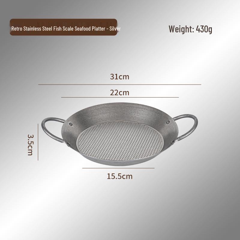 

Korean Retro Stainless Steel Multi-Purpose Cookware: Steak Pan, Crayfish Plate, Seafood Fryer, Stew Pot, Pasta Plate.