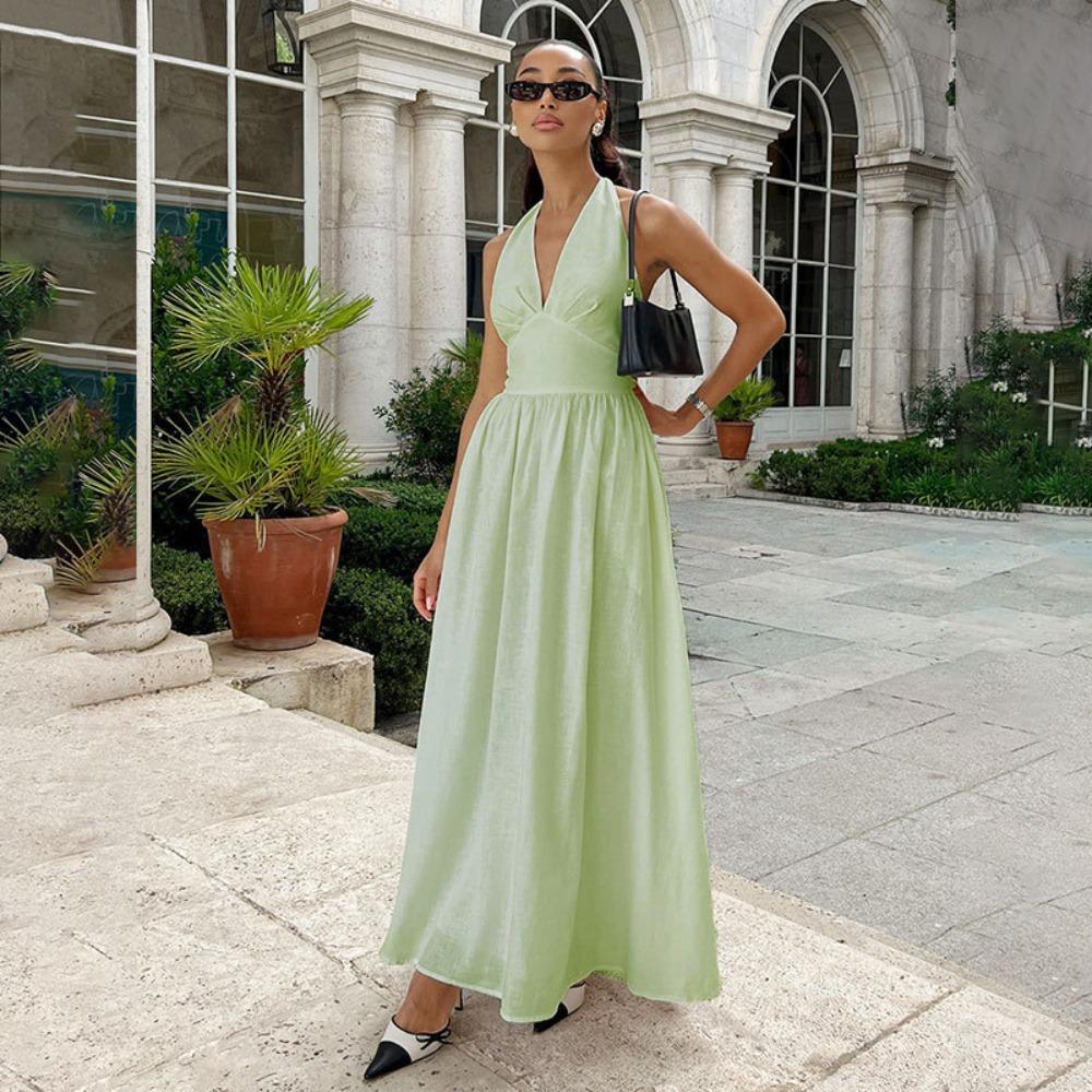 Women's Halter V Neck Sleeveless Maxi Dress Loose Fit Mid Waist Elegant Solid Color A-Line Sundress