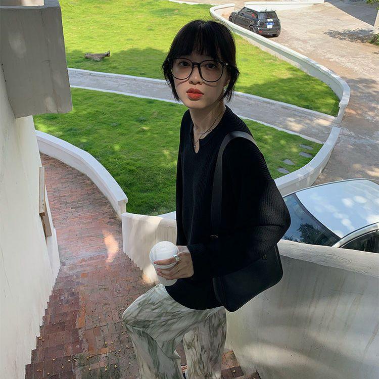 

Свитер вафельной вязки Ранняя осень Топ Футболка Женский Уникальный дизайн U-образный вырез Нишевый Тонкий Облегающий Длинный рукав 2XL чёрный