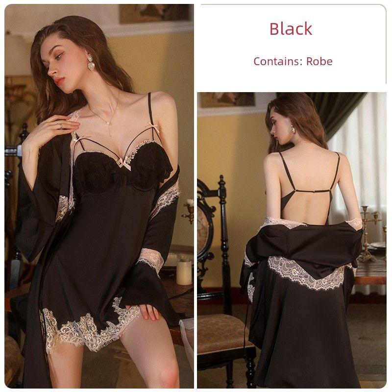 Good Morning with You: Lace Sling French Push up with Breast Pads Pajamas with Steel Ring Ice Silk Nightdress Two-piece Set Slim Looking