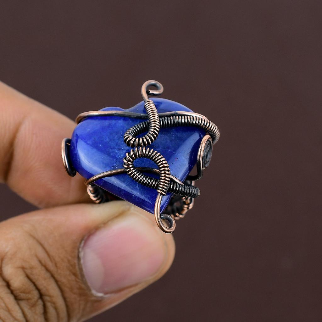 Natürlicher Lapislazuli-Edelstein, handgefertigt, Kupferdraht, Wickelring, Geschenk, Größe 4 w7F53