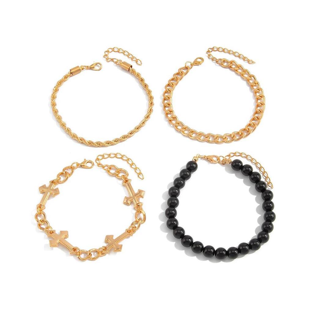 Ingemark 4Pcs/Set Punk Cross Beads Chain Bracelets for Men on Hand Hip Hop Adjustable Chain Bangles Couple Halloween Jewelry