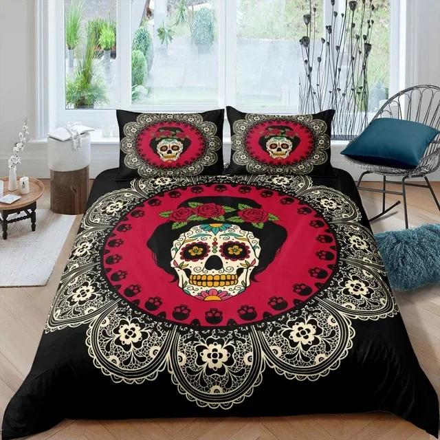 3D Printed Floral Skull Duvet Cover Set Mandala and Sugar Skull Bedding Sets Skeleton Bones Roses Floral Quilt Cover King Size