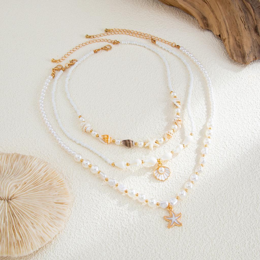 Ocean Wind Oil Drip Starfish Scallop Shell Necklace Women'S Fashion Imitation Pearl Conch Beaded Necklace