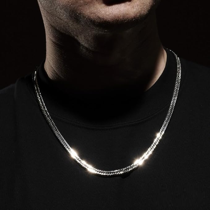 [KAZURI] Men's Solid 925 Sterling Silver Triple 12-Sided Cuban LinkCurb Chain Necklace, Long, Heavy, Made in Japan (60cm Short - 4.7mm Width, Medium