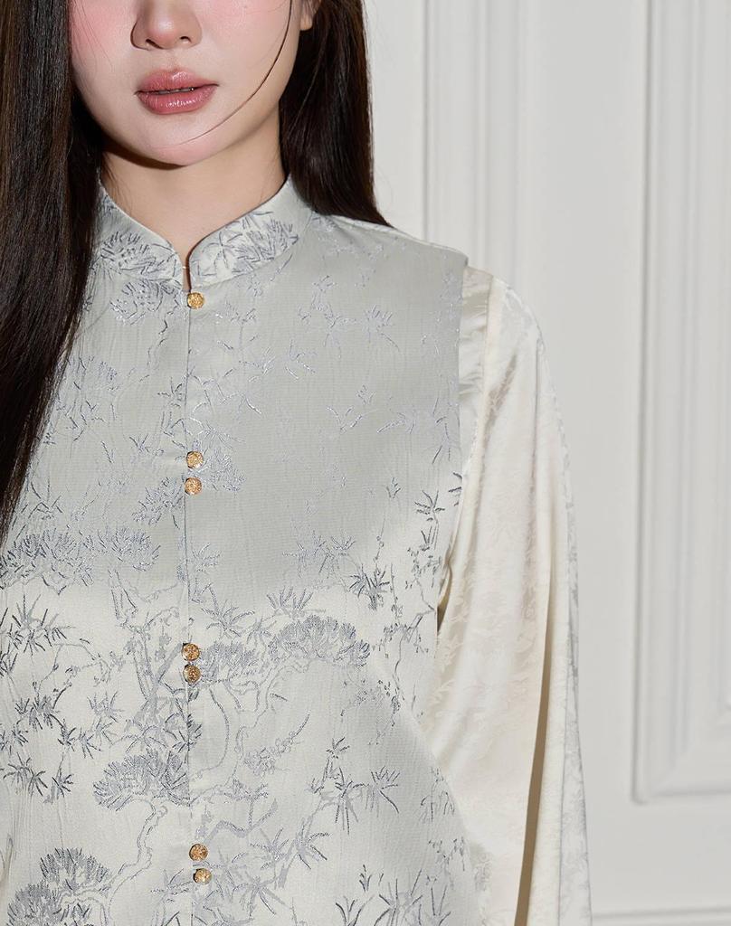 Plus Size Bamboo Pattern Embroidered Vest, Shirt and Midi Skirt Set