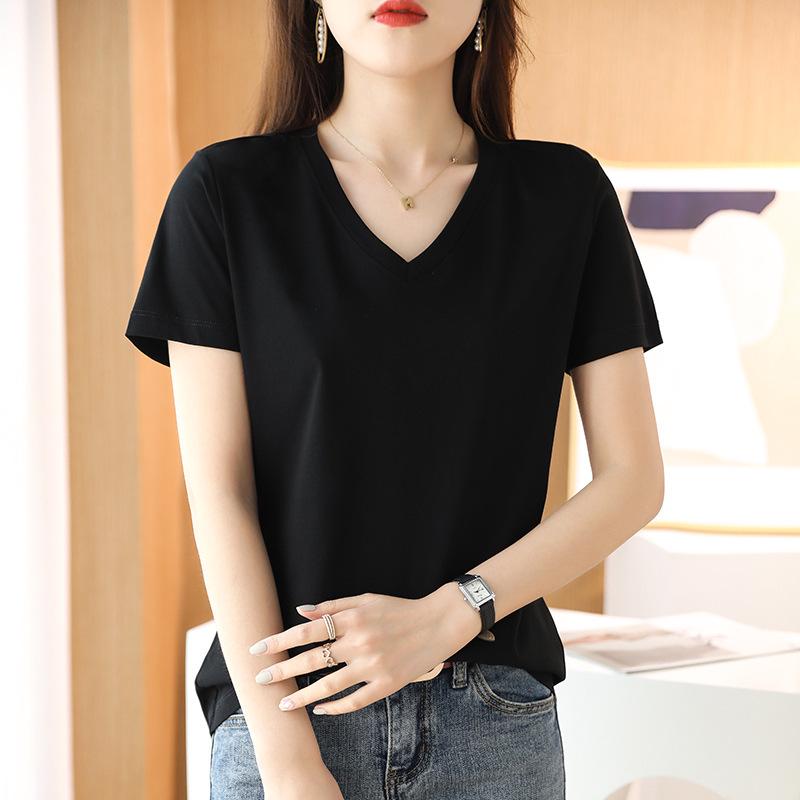 Women's V-Neck Mercerized Cotton Short-Sleeve T-Shirt - 2025 Summer Collection, Sweetheart Neckline