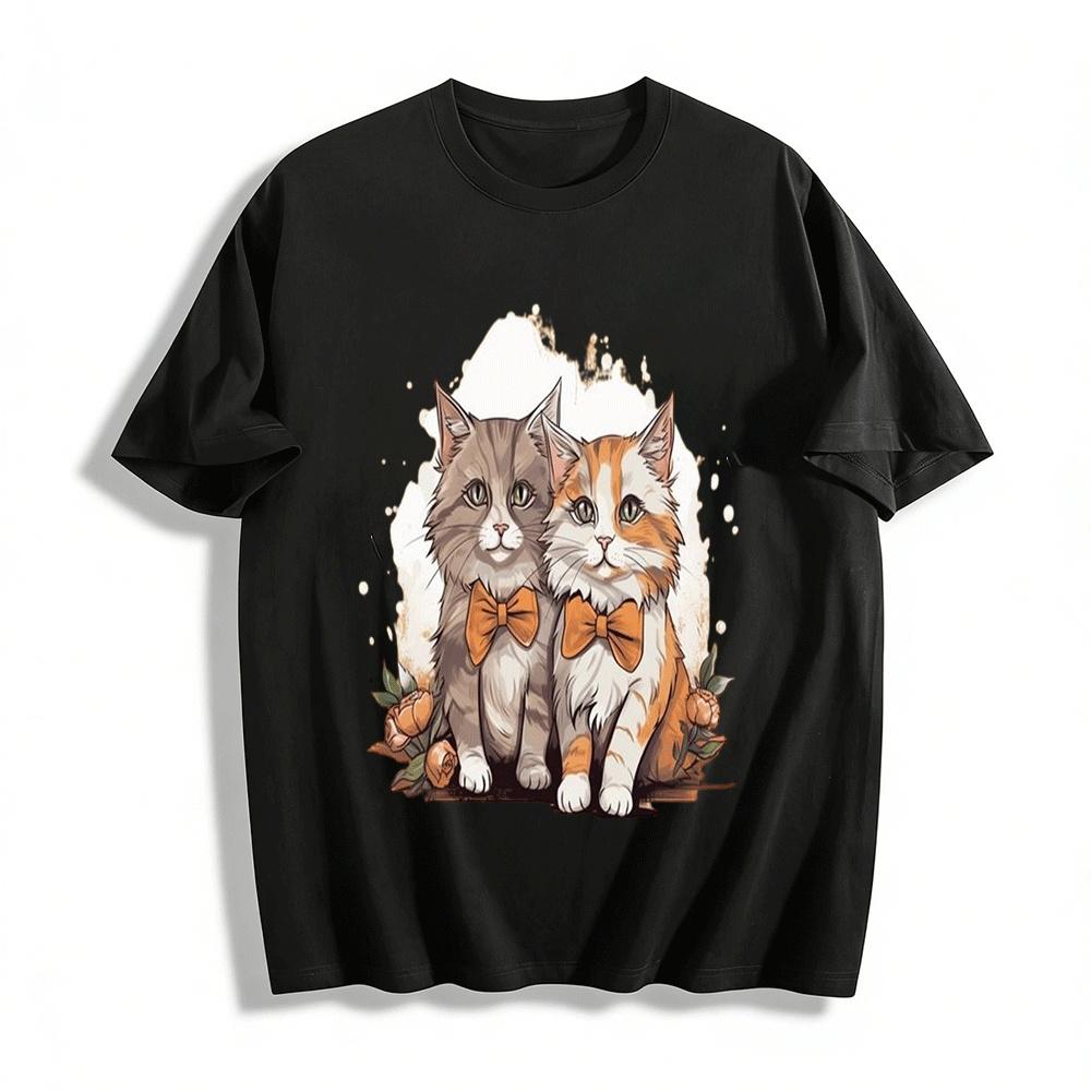

Vintage Bow Tie Cat Print Casual Top Pure cotton T-shirt XXS