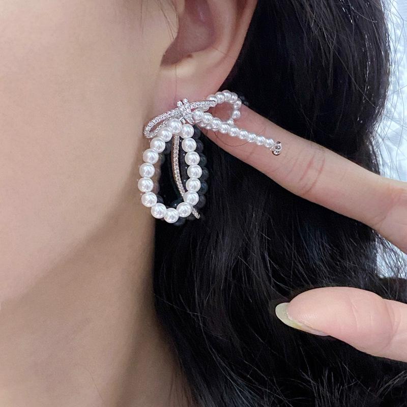 Hejia Exaggerated Ribbon Pearl Line Sterling Silver Earrings for Women - Korean Style Luxury