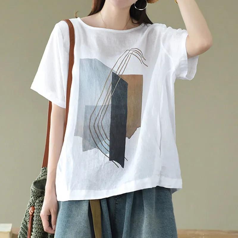 Vintage Art T-shirts Women Loose Oversized Short Sleeve T Shirt Summer Trend Printed Cotton Linen Tshirt Fashion Design Top